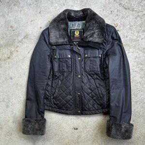 Belstaff Gold Label women's jacket lush faux fur waxed cotton dark gray 48 XL